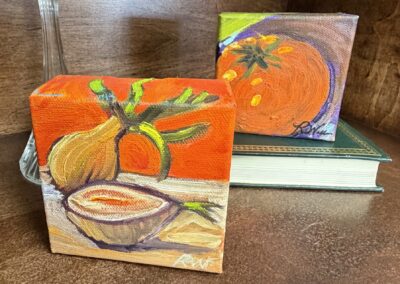 two small square oil on canvas fruit paintings image