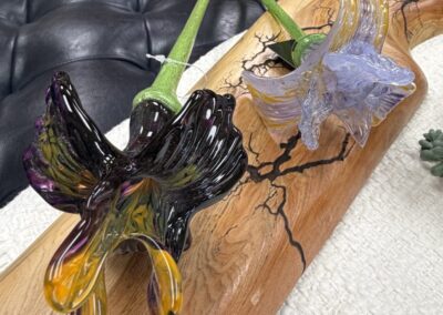 two blown glass long stem iris flowers image