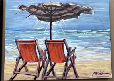 Original artwork two sun chairs under an umbrella by the ocean image