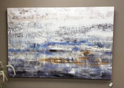 White, blue, and orange abstract wall hanging on canvas image